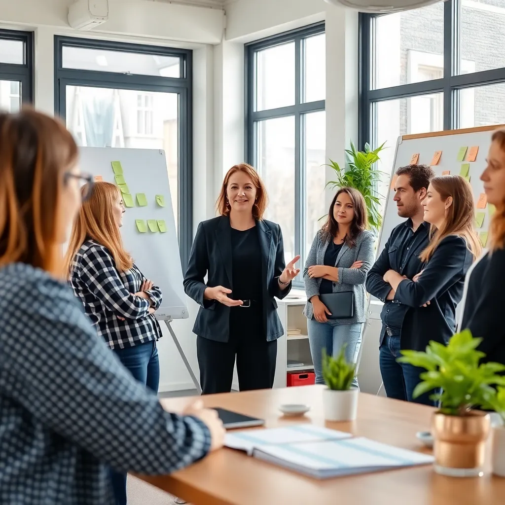 Creatieve professionals in een Nederlandse innovatieruimte brainstormen over nieuwe ideeën