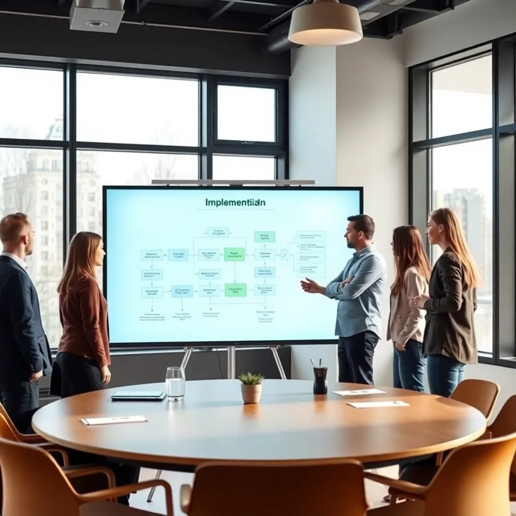 Diverse professionals in een Nederlandse innovatieruimte werken samen aan een implementatieproject