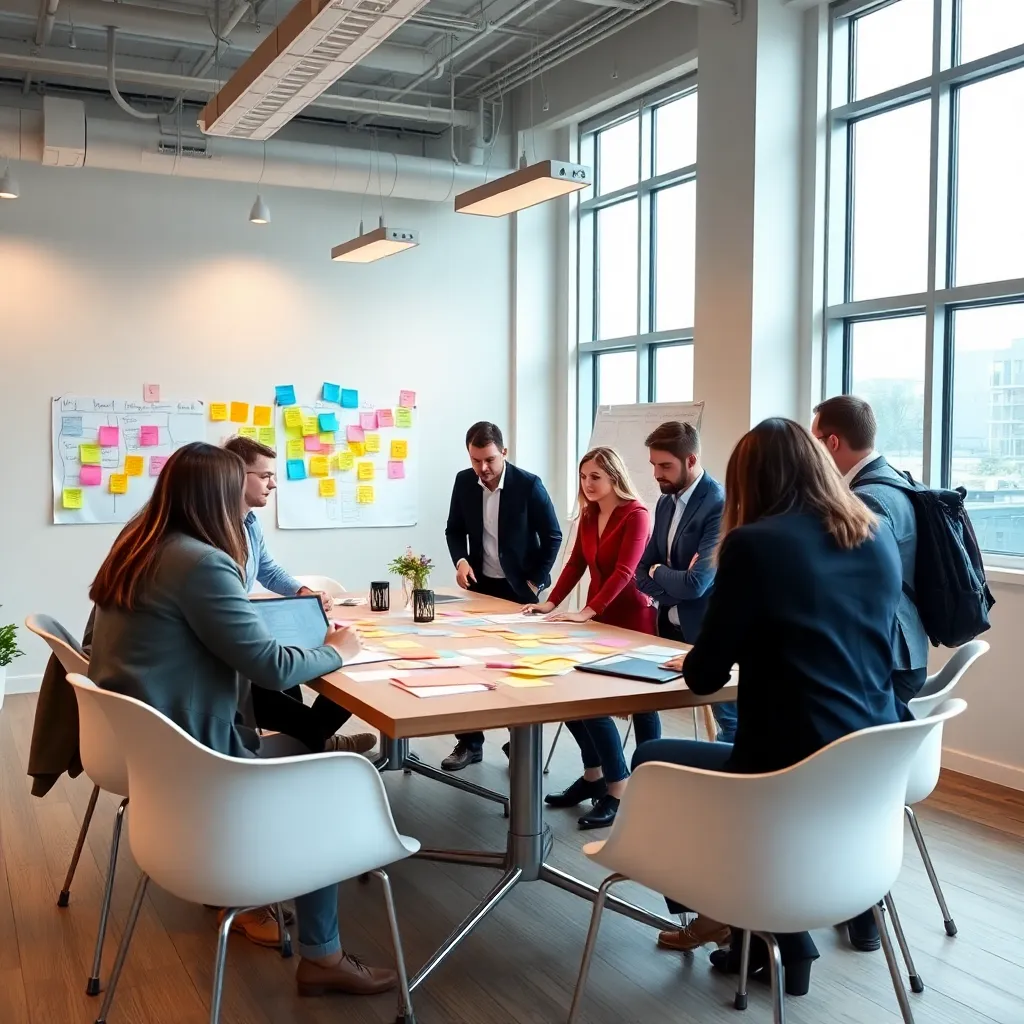 Nederlandse design thinking methode visualisatie met professionals die samenwerken aan een project